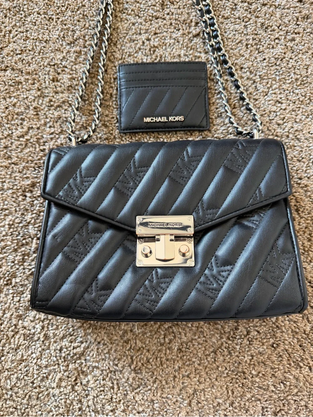 MICHAEL KORS Black Quilted Silver Chain Strap Crossbody Shoulder Bag with Wallet